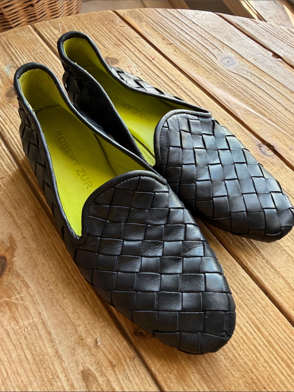 Robert Zur Black Woven Leather Slip-On Loafers with Lime Insole Sz 7